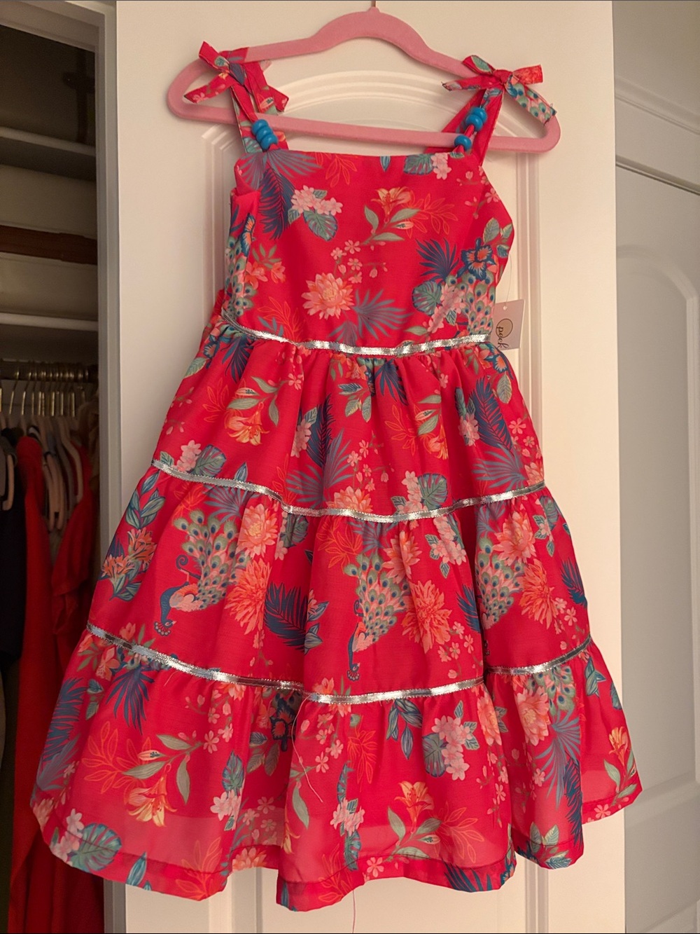 Peek Red Floral Tiered Dress with Peacock Motif